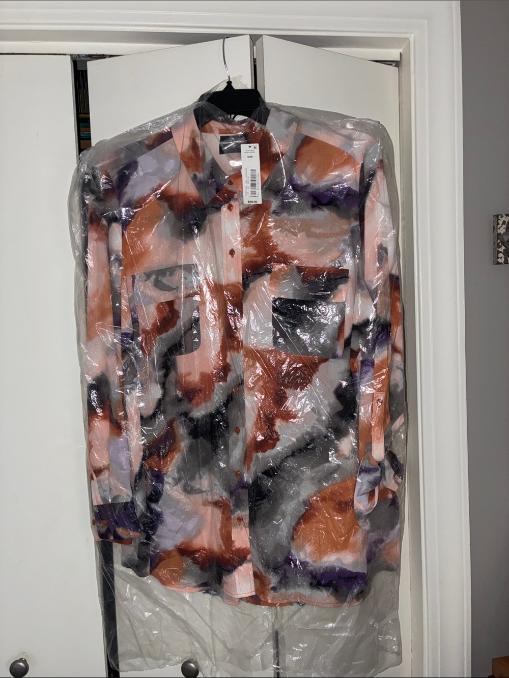 Women’s Abstract Print Button-Down Shirt in Rust and Purple